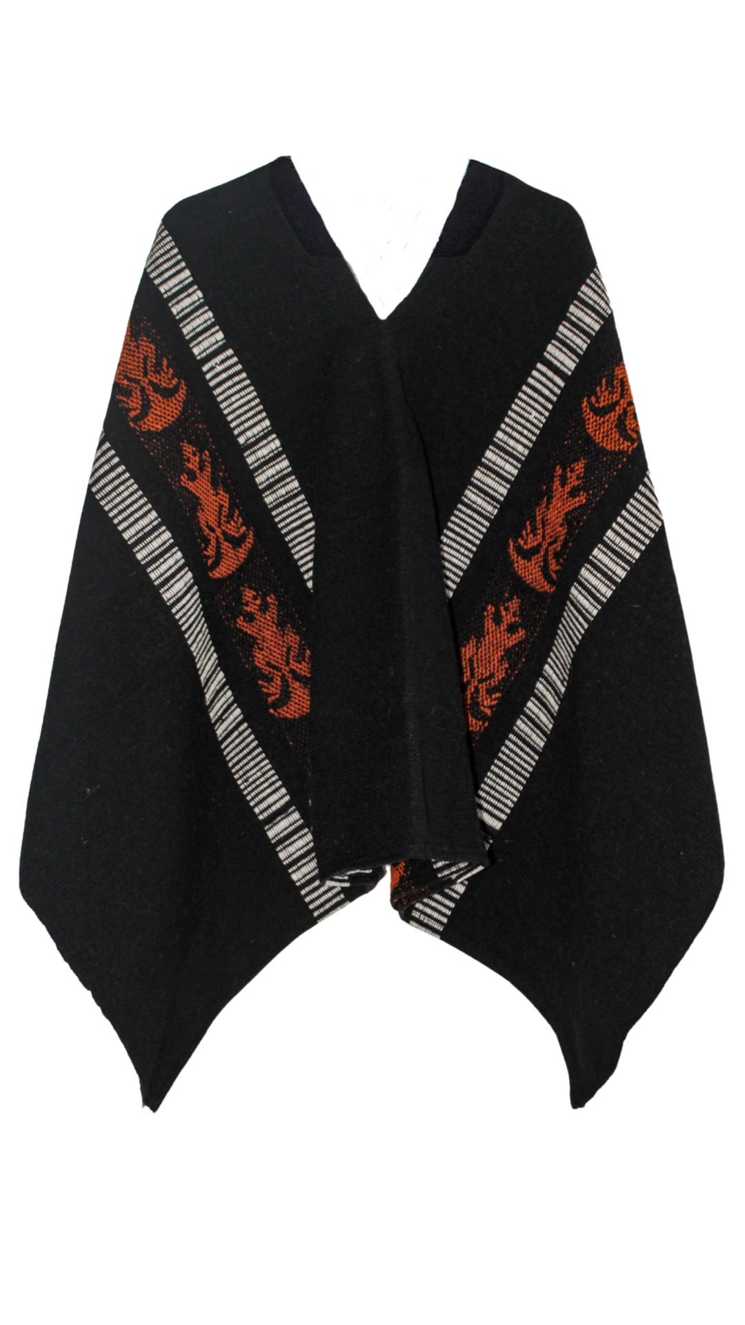 Ruana en lana natural de ovejo color negro azabache con diseño indígena en jackard